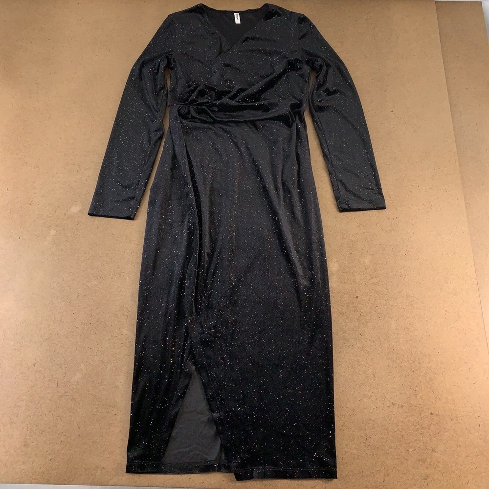 Missufe Women's Medium Black Glitter Velvet Ruched Wrap Slit Midi Dress New